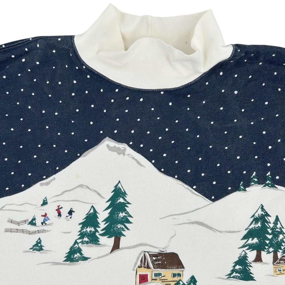Talbots Sweatshirt Womens Petite L White Winter Scene Mock Neck Vintage 90s Cozy
